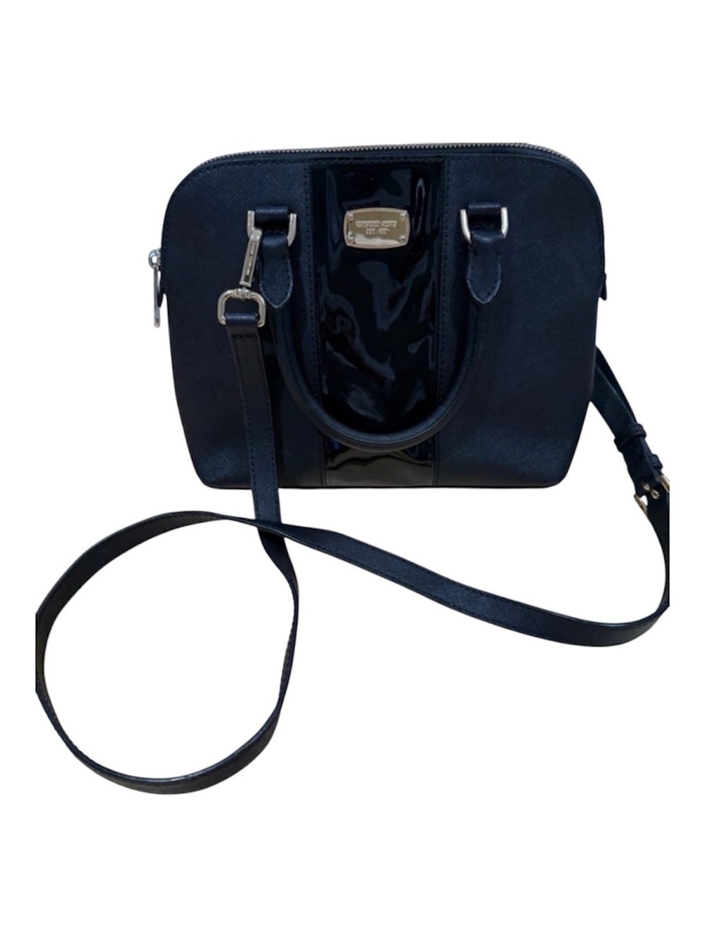 EUC Michael Kors Black Dome Crossbody Satchel with Patent Center Stripe